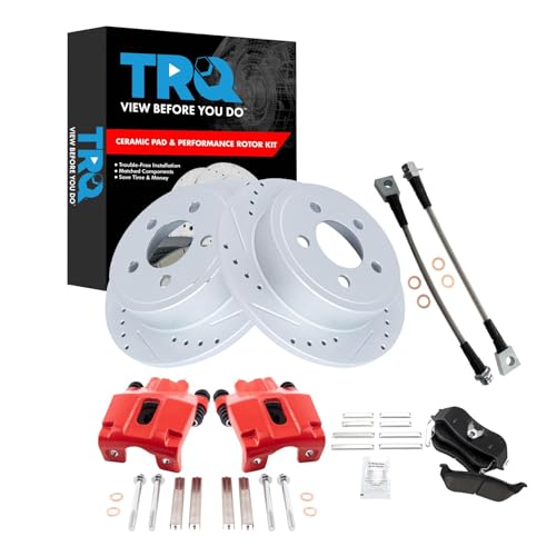 Image of TRQ Performance Rear Brake Pad and Rotor Set Ceramic Slotted Drilled Coated | For 2003-2005 Jeep Liberty