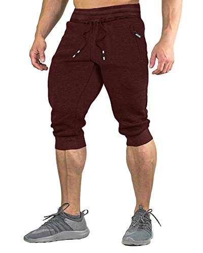 FASKUNOIE Men's Rave Shorts Gym 3/4 Joggers Casual Long Shorts with Zipper Pockets Wine Red