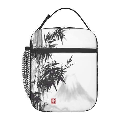 ポータブル断熱ランチバッグ。防水性と防漏性を備え、スタイリッシュで耐久性があり、仕事、学校、アウトドア活動に最適です。男性にも女性にも適しています(伝統的な日本の竹と富士山の墨絵)。