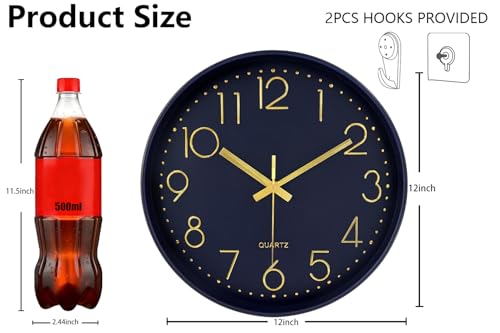 Image of Modern Silent Wall Clock, 12 Inch Wall Clocks Battery Operated Large Number, Non-Ticking Analog Clock with Tempered Glass Quartz Clocks for Living Room Bedroom Office Kitchen, Navy Blue