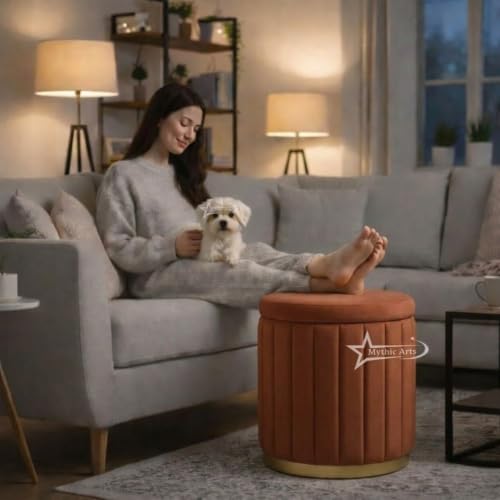 Image of Round Strip Stool with Cushion Foot Rest Office Stool Pouf Ottoman Padded Seat in Living Room (Coffee)