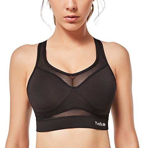 Yvette Sport BH Starker Halt Mesh Ringerrücken Große Brüste Ohne Bügel Gepolstert für Fitness Lauf Yoga, Schwarz, S