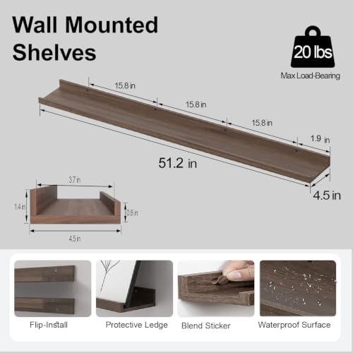 Image of Walnut Floating Shelves for Wall Decor, 52 in Shelf with Lip, 2 Set