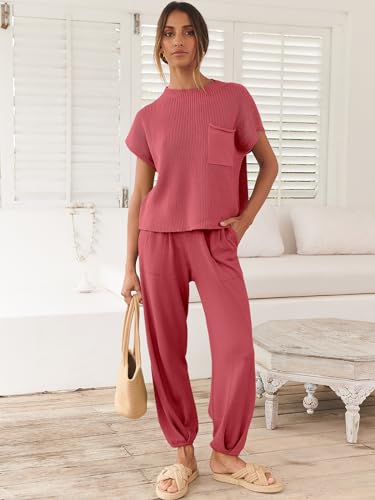 Image of ANRABESS Women's Two Piece Outfits Sweater Sets Knit Pullover Tops and High Waisted Pants Tracksuit Lounge Sets