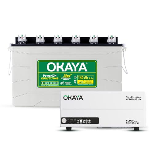 Image of Okaya Inverter with Battery Combo for Home, Office & Shops | ATSW 1400 12V Pure Sine Wave Inverter 1150VA with 36 Months Warranty & OPSJT17048 140Ah XBD+ Certified SJT Battery with 48 Months Warranty