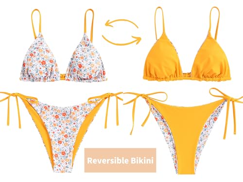 Image of ZAFUL Women's Triangle Bikini Floral String Bikini Set Two Piece Swimsuit Bathing Suits