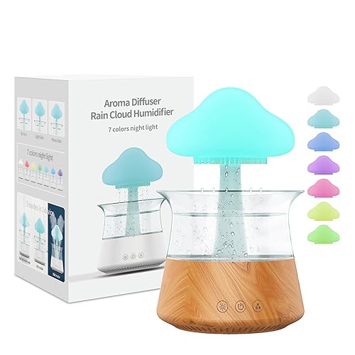 Rain Water Drop Humidifier - Mushroom Cloud Lamp Humidifier, Essential Oil Diffusers, 300ml White Noise Aromatherapy Diffusers with 7 Colors Cloud Lights for Home, Large Room, Office - Wood Grain