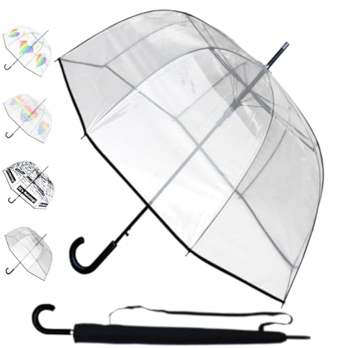 Windproof Strong Dome Umbrella Women - Large Automatic Clear Umbrella - StormDefender See Through Dome Canopy - Best for Visibility - Designer Fiberglass - Clear with Black Trim