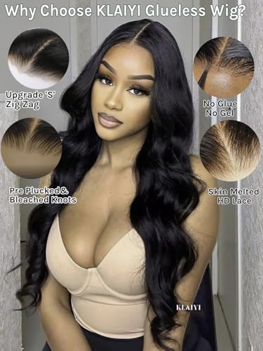 Image of KLAIYI Body Wave Bye Bye Knots Glueless Wig 7x5 Pre Cut Lace Front Wigs Human Hair Wear and Go Wigs for Beginners Pre Bleached Pre Plucked Pre Everything 3S Easy to Ready to Wear Loose Wave Wig 18Inch