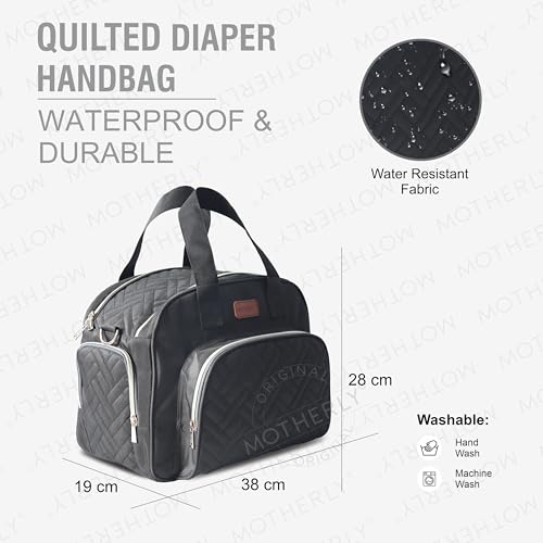 Image of Motherly Quilted Diaper Bag for Mothers for Travel, Maternity Bag for Newborn Baby, Mother Travelling Bag, Multi Pocket Water Resistant Baby Bag, Hospital Bag for moms with Warranty and Offers (Black)