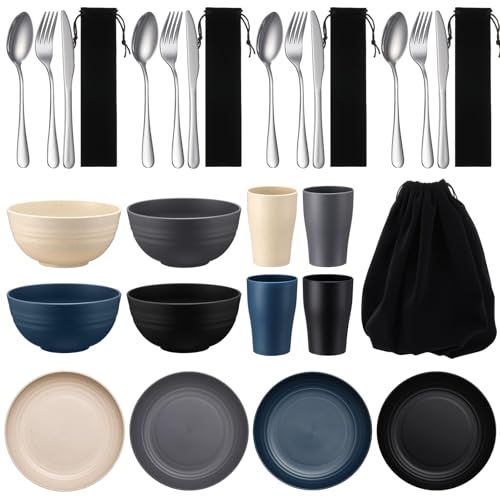 Teenyyou 4 Sets Camping Mess Kits for 4 Person Camping Silverware Set Include Cup, Bowl, Plate, Knife, Spoon, Fork Cutlery Set Unbreakable Wheat Straw Dinnerware Utensils for Travel(Dark Color)