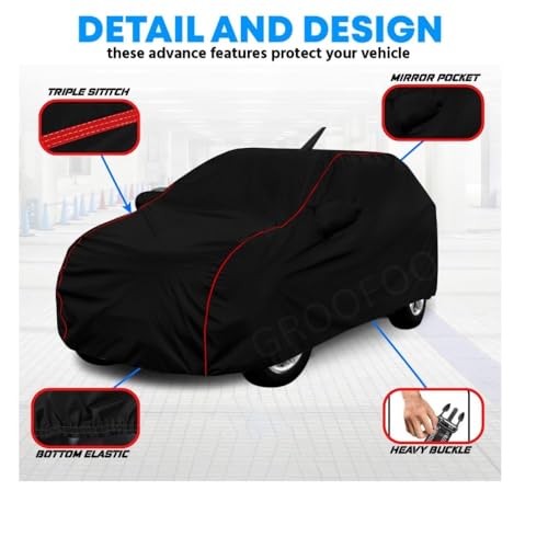 Image of GROOFOO Water Resistant Car Body Cover Compatible with Toyota Glanza | Triple Stitched Bottom Elastic Dustproof UV Heat Scratch Resistant Full Body Vehicle Protection Cover (Black Red)