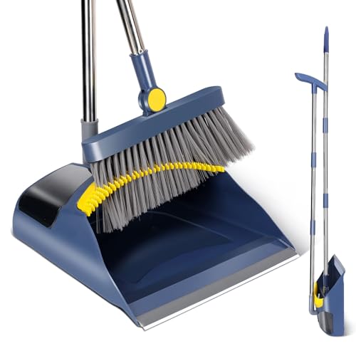 Masthome Besen und Kehrschaufel Set,120cm Aufrecht Kehrschaufel mit Langem Stiel,Besen mit Stiel,Broom and Dustpan Set mit Kamm für Haushaltsreinigung, Bodenreinigung (Blau + Gelb)