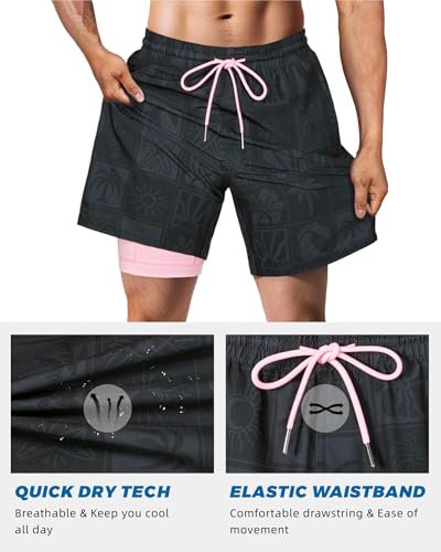 Image of SURF CUZ Mens Swim Trunks with Compression Liner Swim Shorts 7 inch Swimming Trunks Stretch 7 Inch Swim Suits Quick Dry