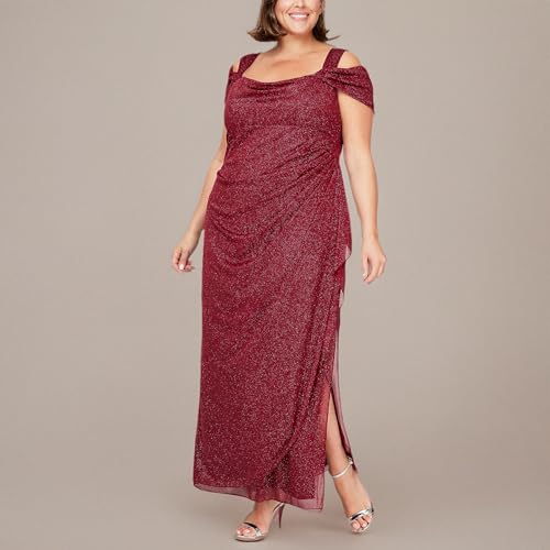 Image of Plus Cold Shoulder Glitter Mesh Dress with Draped Skirt & Cowl Neckline