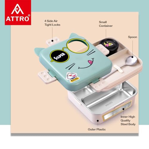 Image of ATTRO Carnival Super Cat Lunch Box 2 Layer Stainless Steel Lunch Box Comes with 1 Detachable Tray, 1 Small Container & 1 Spoon Ideal for Kids BPA Free 1120ml+70ml- Blue