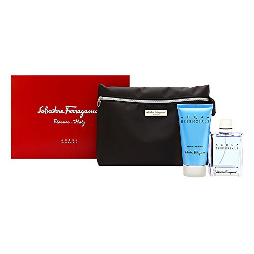 Acqua Essenziale by Salvatore Ferragamo Pour Homme 3 Piece Set Includes: 3.4 oz Eau de Toilette Spray + 5.0 oz Shower Gel + Toiletry Bag
