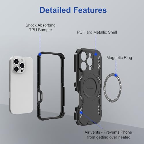 Image of amazon basics Back Case Cover for iPhone 16 Pro | Magnetic Case with Built-in Metal Ring | Supports Mag-Safe Charger, Wallet & Car Mount | Shockproof Hybrid PC + TPU | Black