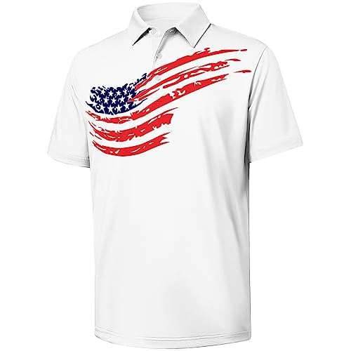 V VALANCH Mens American Falg Polo Shirts Short Sleeve Performance Patriotic Shirt Funny Golf Shirt Medium P106-white