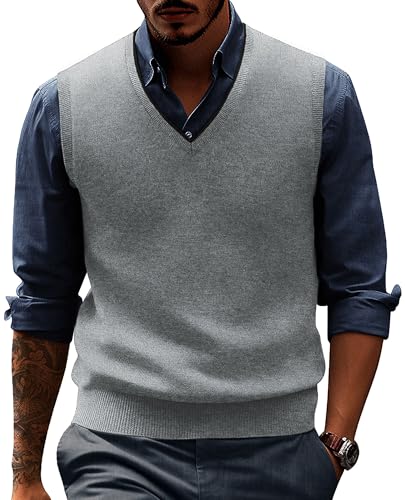 PJ PAUL JONES Mens Casual Sweater Vest Contrast Color Sleeveless Vest Sweaters V-Neck Knitted Vests Wool Sweater Vests Light Gray XL