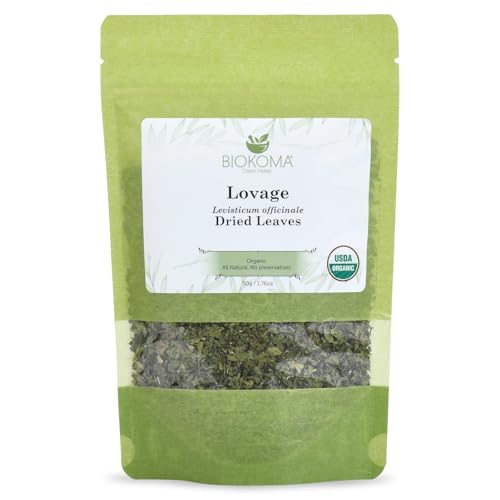 Biokoma Organic Lovage Dried Leaves 50g (1.76oz) In Resealable Moisture Proof Pouch, USDA Certified Organic - Herbal Tea, No Additives, No Preservatives, No GMO, Kosher