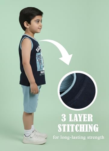 Image of Pure Cotton Sleeveless T-Shirt and Half Pant Set for Boys Kids| Kids boys tshirt and half pant set| Coordinated Set for Unisex kids| Roundneck Tees| Lightweight and Breathable