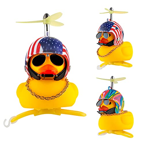 2 Pcs Yellow Rubber Duck Dashboard Duck Ornament with LED Light, Car Duck Decorations with Helmet, Funny Cool Duck with Sunglasses for Motorcycle Bike Kids Toys Halloween Christmas Birthday Gifts