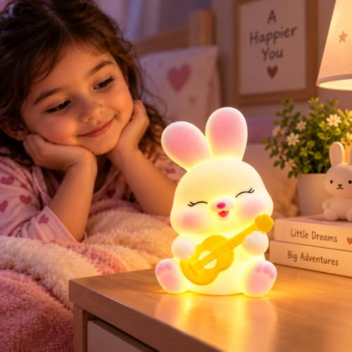 Image of Cute Bunny Night Light Lamp Battery Operated Table and Desk Decorations Gift Pandas (Guitar Bunny)