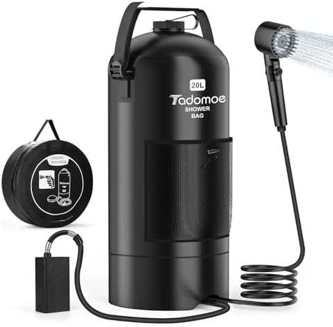 Tadomoe Portable Camping Shower with Battery Powered Pump, 5 Gal/20L Solar Heated Camp Shower Bag, 3-Mode Shower Head & Travel Case for Outdoor Camping, Beach Rinse & Dogs (Black)