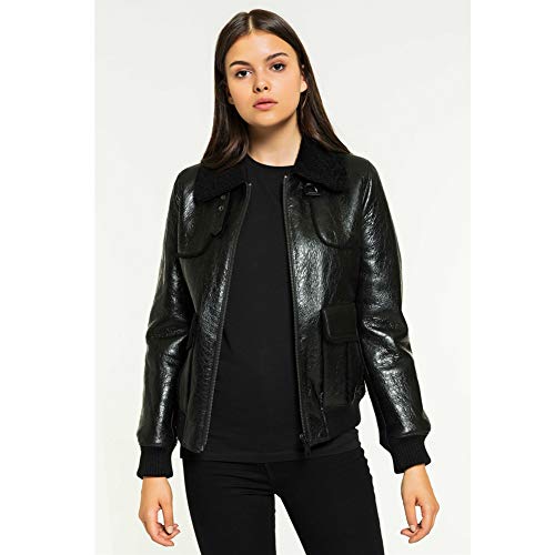 Denny&Dora 2019 New Womens Black Shearling Jacket College Outwear Short Leather Jacket Fur Coat (Black, S) #TOP1