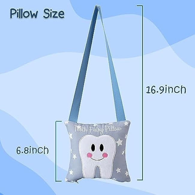 Tooth Fairy Pillow with Pocket for Kids Tooth Keepsake Pouch Tooth Fairy Bag on Back Toothfairy Gift for Boys and Girls, 6.8 x 6.8 inches (Light Blue)