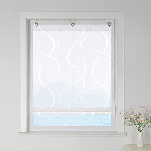 ESLIR Raffrollo ohne Bohren Raffgardine Ausbrenner Ösenrollo Wohnzimmer Gardinen Küche mit Ösen Transparent Modern mit Wellen Muster Weiß BxH 80x140cm 1 Stück
