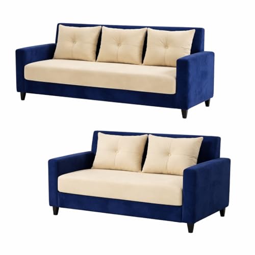 Image of Ultimate Comfort 3+2 Wooden Sofa Set | Premium Velvet Fabric | Modern 5-Seater Sofa | Durable & Stylish Living Room Furniture(Blue & Cream)