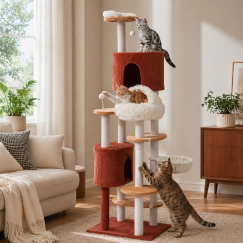 Árbol para gatos alto multi-niveles con 2 condos y hamaca