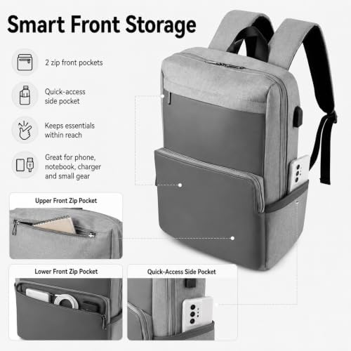 eBigValue Nylon Commuting Backpack, Ventilated Mesh Padding, Cushioned Shoulder Harness, Lift Handle, Suitcase Handle Strap, 15 in Notebook Sleeve, USB Port, Grey - 5