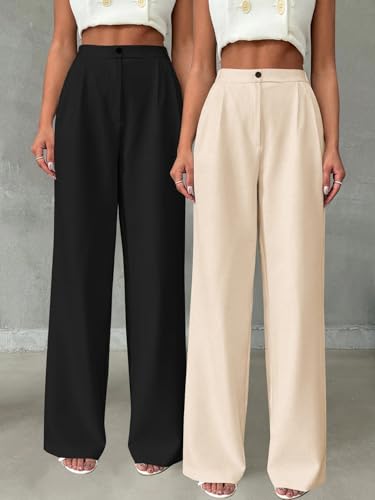 Image of Toochki Trousers for Woman Pants Women's Formal Office Korean | Beige Track Pant | Straight | Cotton Spandex Stretchable Trouser | High-Waisted Bottom Wear | Pack of 2 Combo