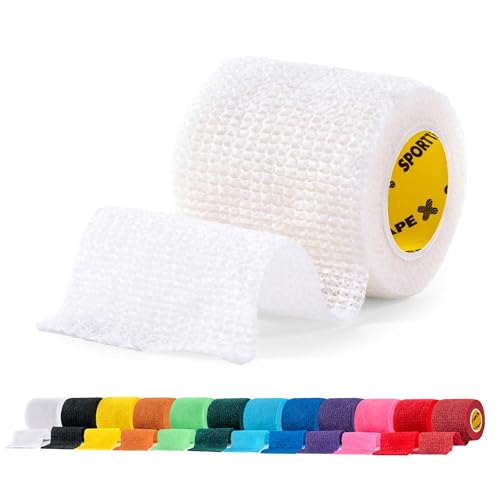 SPORTTAPE Football Sock Tape 5cm x 4.5m White- Self-Adhesive Cohesive Bandage Compression Wrap & Sports Stretch Tape for Ankles Joints Socks Vet & Pet Wrap for Dogs Horses - Single Roll
