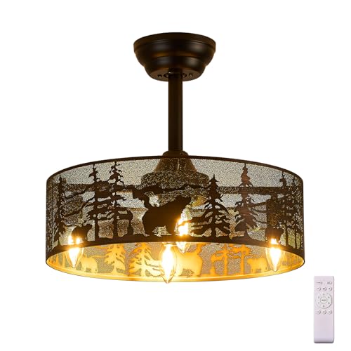 Image of Farmhouse Rustic Ceiling Fan with Light, Black Caged Chandelier Ceiling Fan with Beer Design Vintage Enclosed Fandelier for Bedroom Living Room Kitchen
