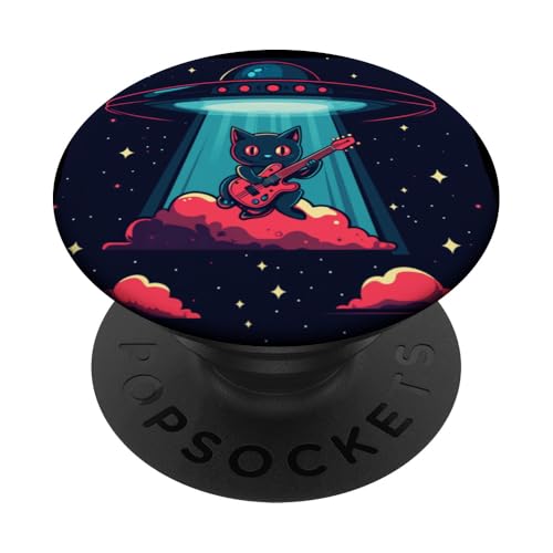 Funny UFO Beams a Rockstar Cat Up para fanáticos del rock y el espacio PopSockets PopGrip Adhesivo