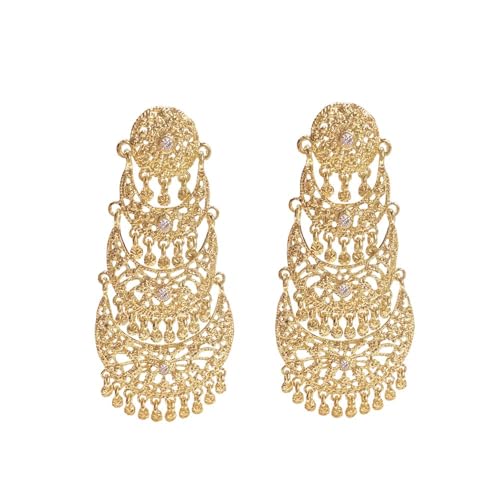 Extra Big Long Tassel Dangling Earring for Women Wedding Statement Crystal Stunning Tiny Flower Beaded Chandelier Gold Plated Earrings Indian Boho Traditional Bride Party Wear Festival Holiday Jewelry Gift