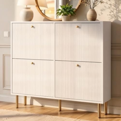Nicetree White Shoe Cabinet for Entryway, 4 Flip Drawers Shoe Storage Cabinet with Tiered Fluted Design, Slim Narrow Shoe Rack for Small Spaces, 9.5" Deep Shoe Organizer with Metal Legs