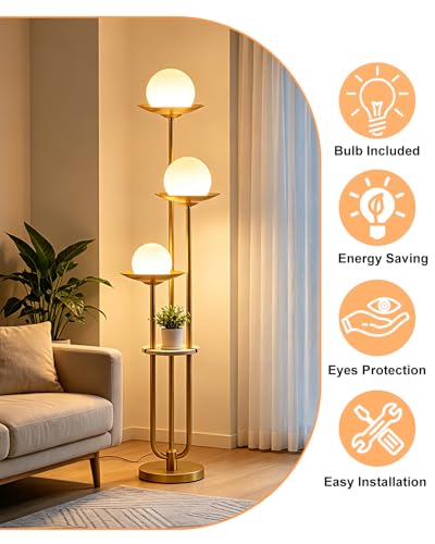 Image of Lightdot 3-Globe Dimmable Floor Lamp with Table Modern Floor Lamps 3000K Warm White Bulbs Included Gold Tall Standing Lamp with 5Lbs Heavy Base for Living Room /Bedroom /Sofa Beside /Corner Decor