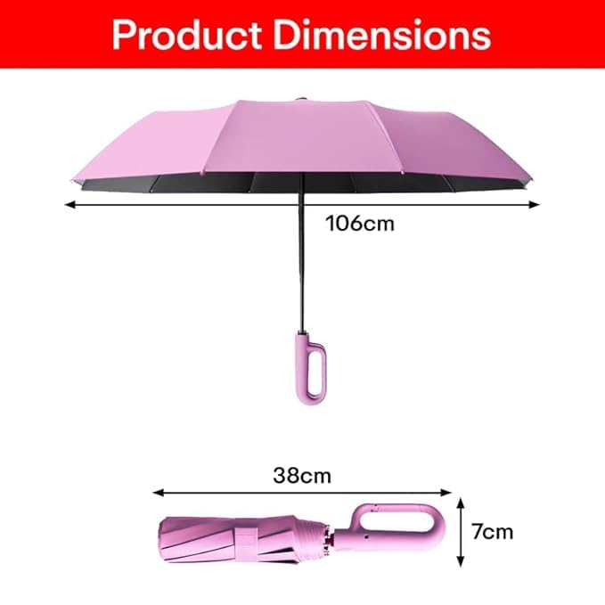 Image of Umbrella for Men Women || Folding Umbrella With Carabiner Handle || 10 Reinforced Ribles || Windproof and Sunproof || Auto Umbrella Big Size for Men /Women /Kids