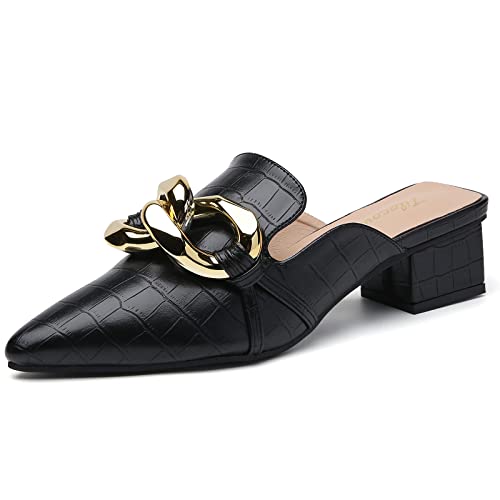 Tilocow Metal Chain Decor Mules Heels for Women, Pointed Closed Toe Sandals, Women Chunky Stacked Heel Mules, Comfortable Slip-On Sandals
