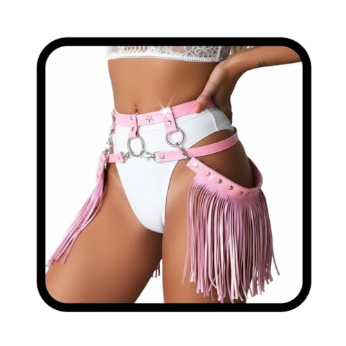 ASOOLL Cowgirl Fringe Belt Pink Leather Tassel Waist Belts Punk Harness Rave Costume Body Accesories for Women.