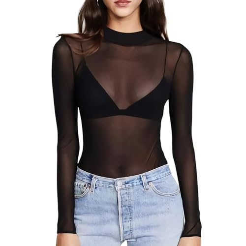 TUONYIS Mujer Camiseta Transparente, Camiseta Manga Larga Mujer, Sexy Manga Larga Camiseta Tops, Negro Malla Top Elegante Camiseta Slim Blouses Sheer Clubwear Casual Fiesta T-Shirt (Negro)