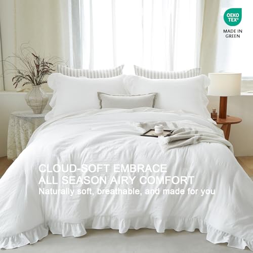 Image of Pure White Ruffle Comforter Set Queen, Pre-Washed Shabby Chic Bedding Set, Lightweight Cottagecore Soft Romantic Cozy 1 Comforter & 2 Shams, All-Season