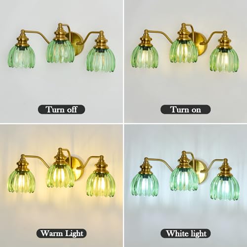 Image of Piepooye Vintage Bathroom Light Fixtures Gold Vanity Light with Green Glass LampShade 3 Lights E26 Bulb Wall Sconce Indoor Vanity Light Over Mirror for Bedroom Kitchen Farmhouse Living Room