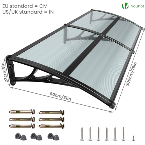 VOUNOT Vordach für Haustür 200 x 80 cm, Überdachung Haustür aus Aluminium und Polycarbonat, Pultbogenvordach, Pultvordach mit Mittelstange, Anthrazit