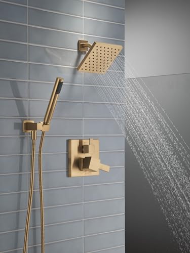 Image of Delta Modern Square Shower System Faucet Set, Brushed Gold 6.5-inch Shower Head and Handle Set, Valve Trim Kit, Champagne Bronze T342703-CZ (Valve Not Included)